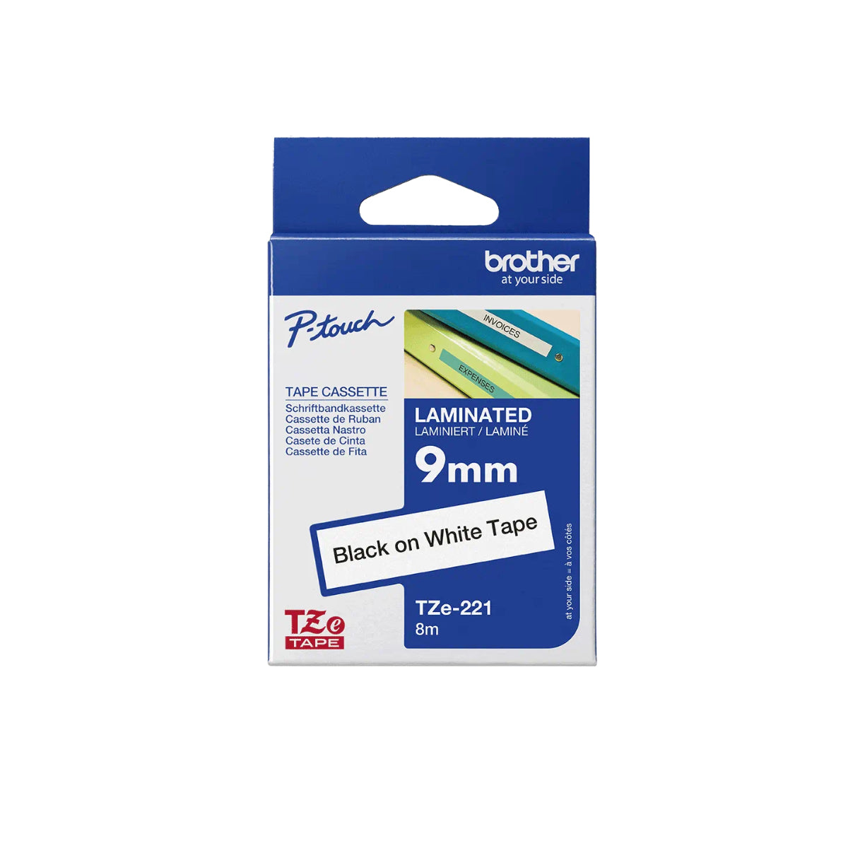 Brother P-touch 9mm TZ-221 Laminated Tape, 8 m, Black on White