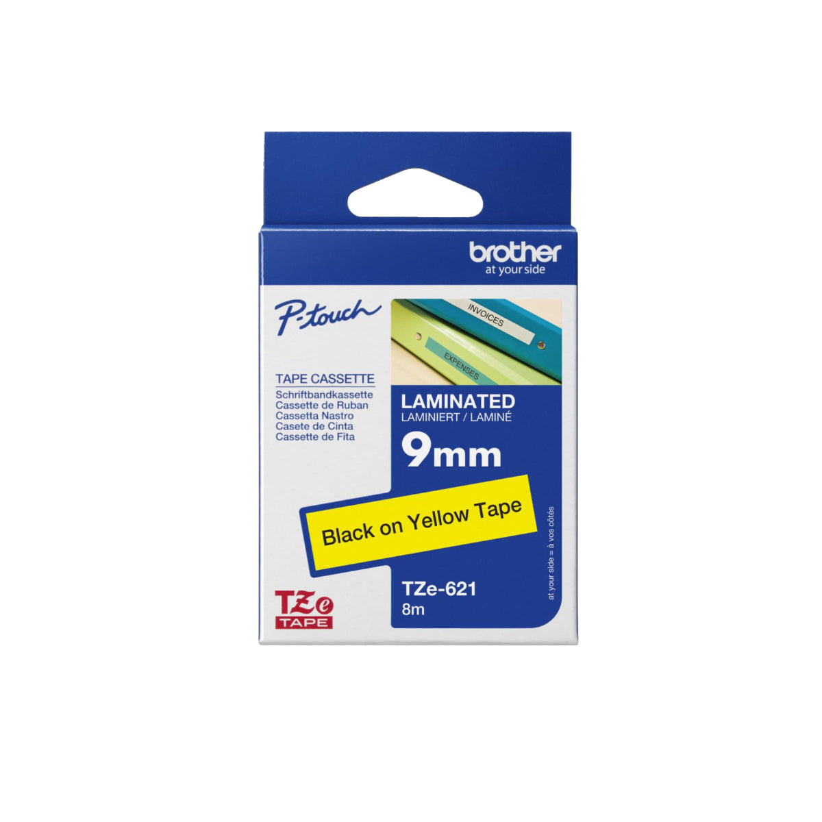 Brother P-touch 9mm TZ-621 Laminated Tape, 8 m, Black on Yellow