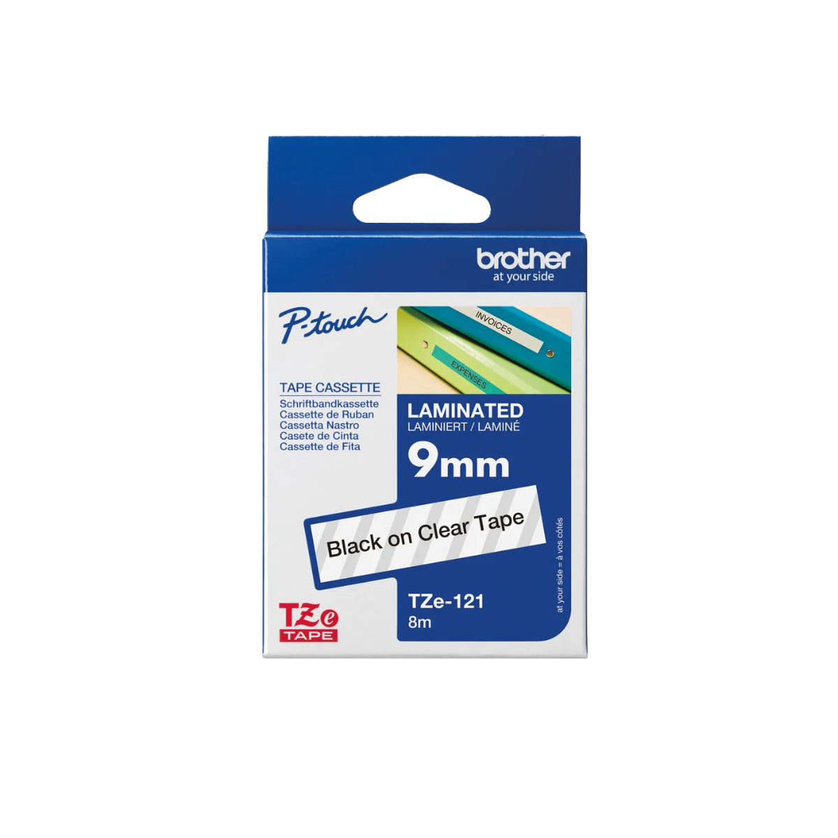 Brother P-touch 9mm TZ-121 Laminated Tape, 8 m, Black on Clear