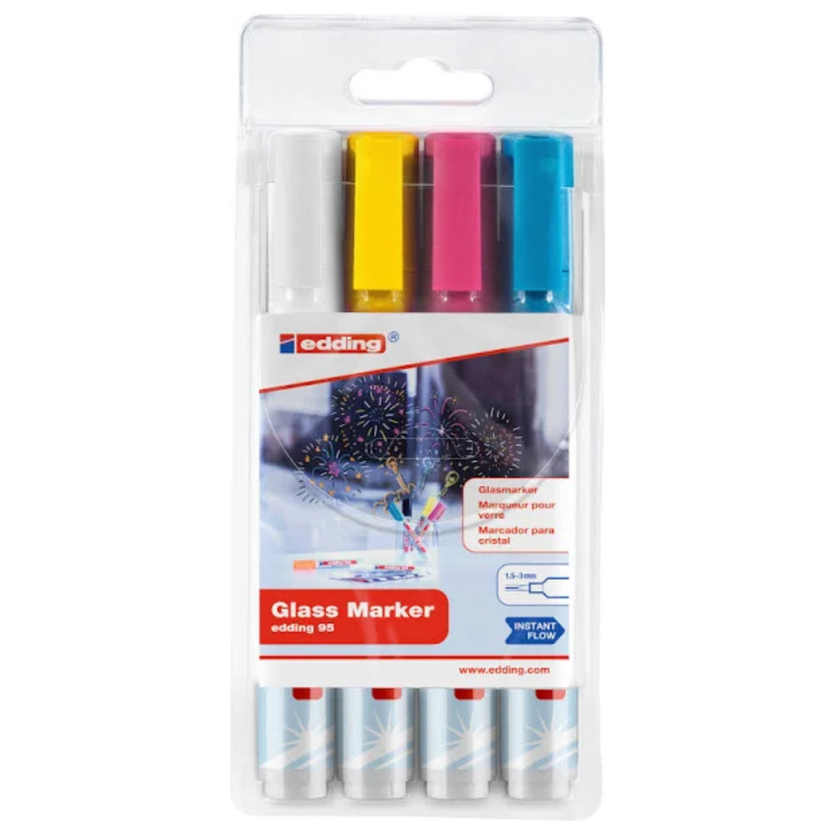 edding 95 Glassboard Marker Set, 2-3mm, Bullet Tip, 4/set, White/Colors