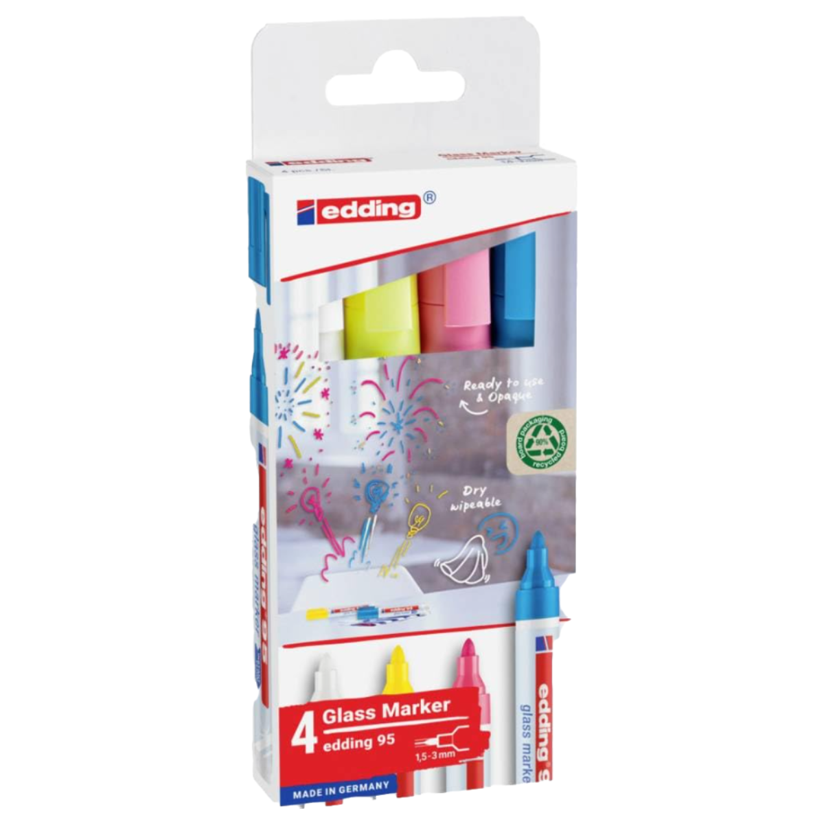 edding 95 Glassboard Marker Set, 2-3mm, Bullet Tip, 4/set, White/Colors