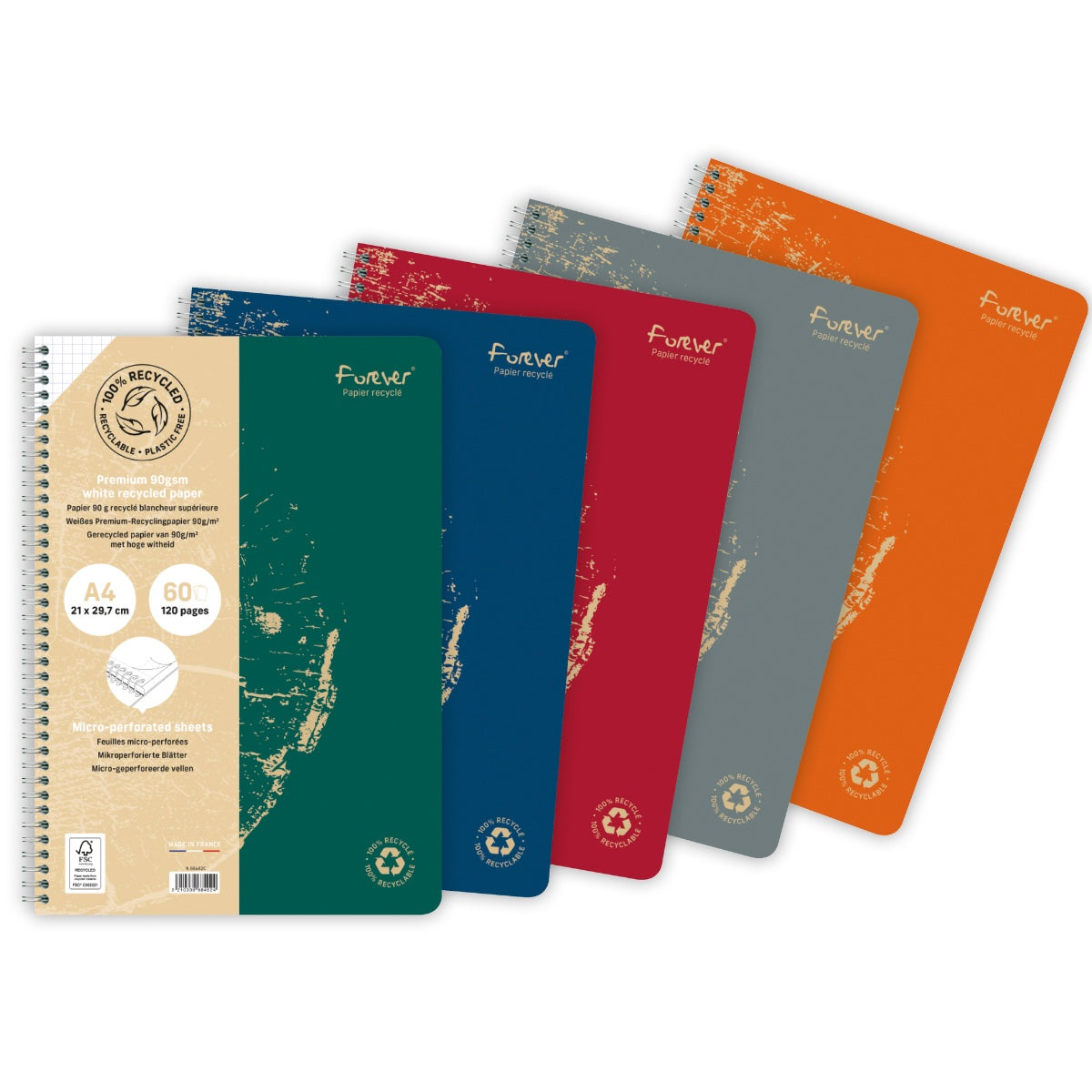 Clairefontaine Forever Premium 100% Recycled Spiral Notebook A4, Graph-Ruled, 90gsm, 120/pages, Assorted Colors