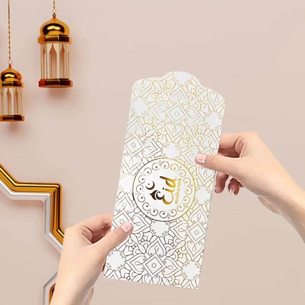 Eid Mubarak Money Envelope, 17.5 x 9cm, 5/pack, Glossy White/Gold