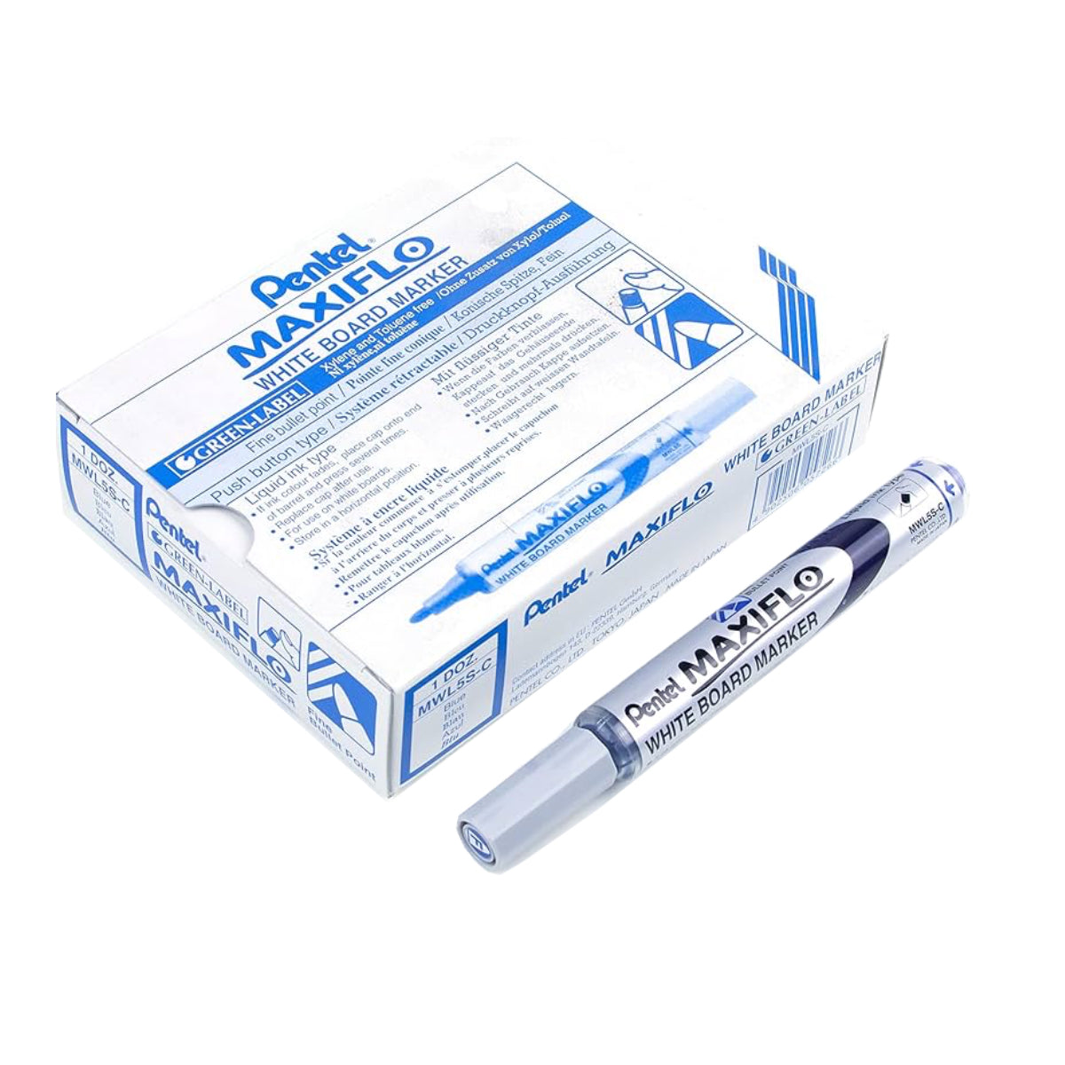 Pentel Maxiflo White Board Marker, Bullet Point 2.5mm, 12/box, Blue