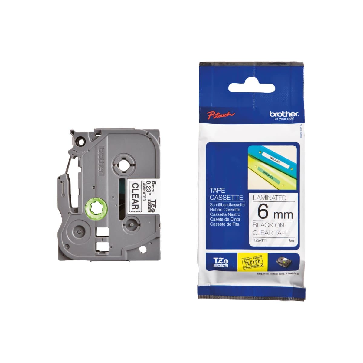Brother P-touch 6mm TZ-111 Laminated Tape, 8 m, Black on Clear