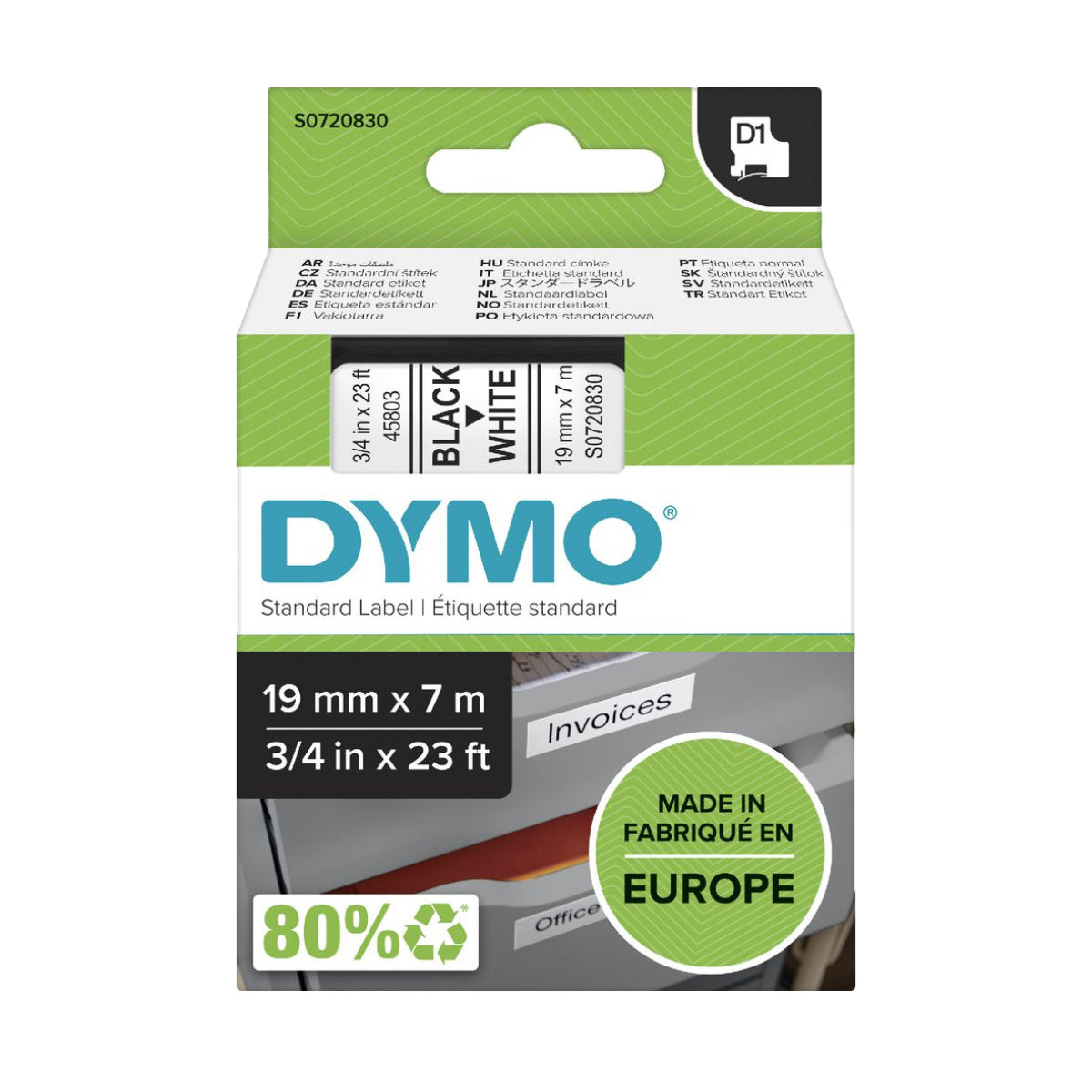 Dymo D1 Label Cassette 19 mm x 7 m, Black on White - 45803