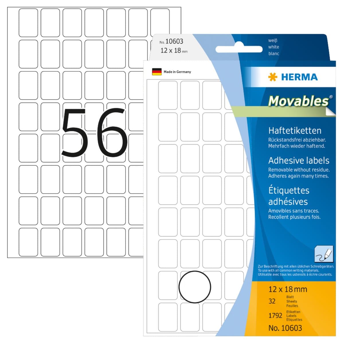 Herma Office Pack Movable Labels, 12 x 18 mm, 1792/pack, White