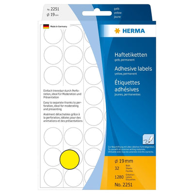 Herma Office Pack Color Dots, perforated sheets, 19 mm, 1280/pack, Yellow