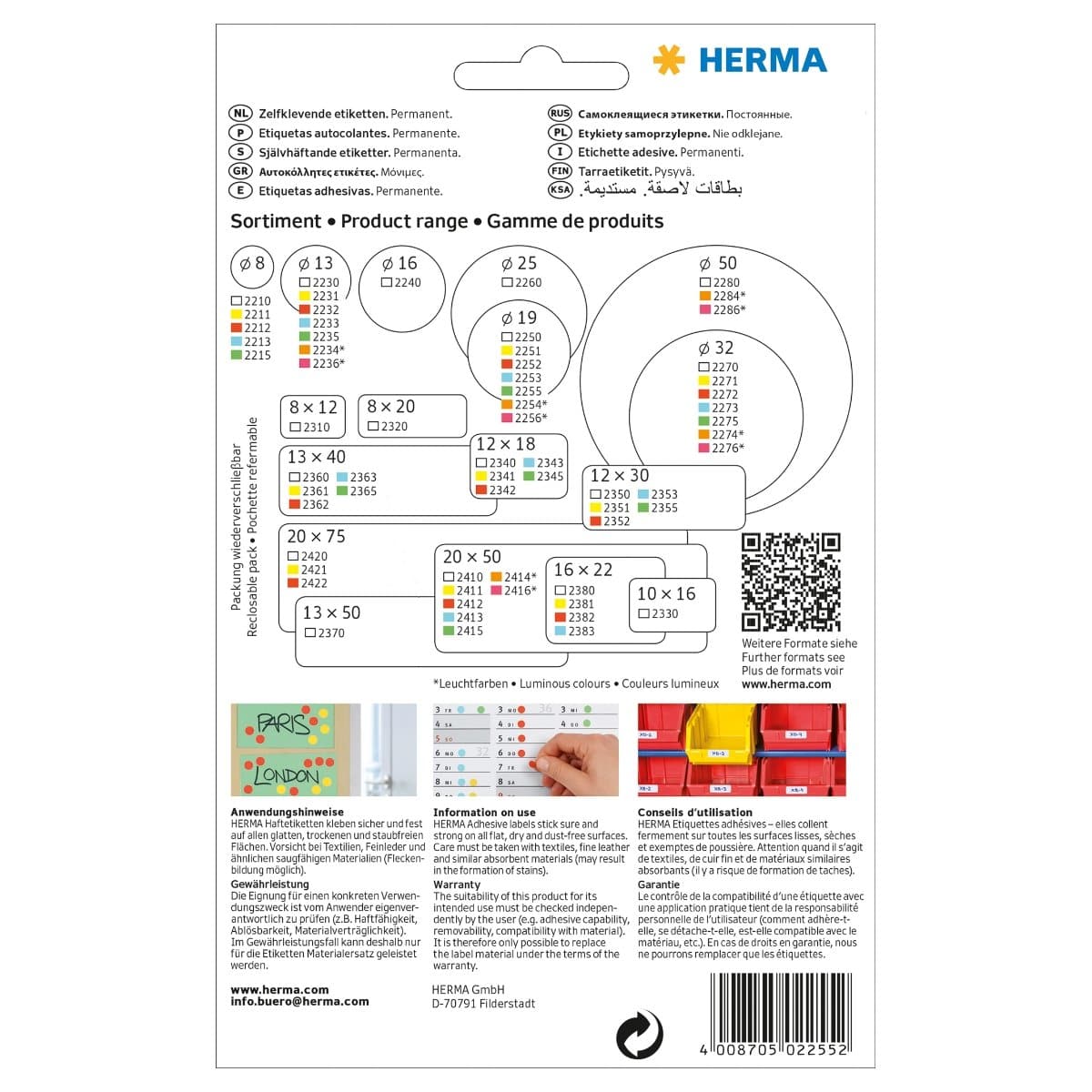 Herma Office Pack Color Dots, perforated sheets, 19 mm, 1280/pack, White