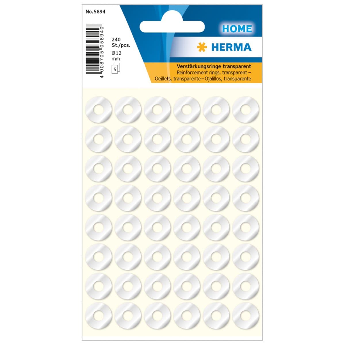 Herma Self Adhesive Reinforcement Rings, 12mm Diameter, 240/pack, Transparent
