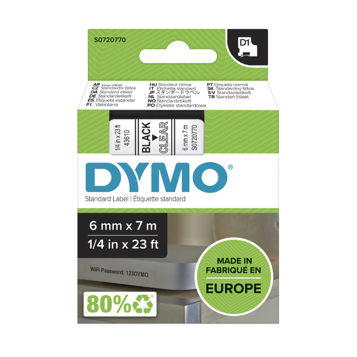 Dymo D1 Label Cassette, 6 mm x 7 m, Black on Clear - 43610