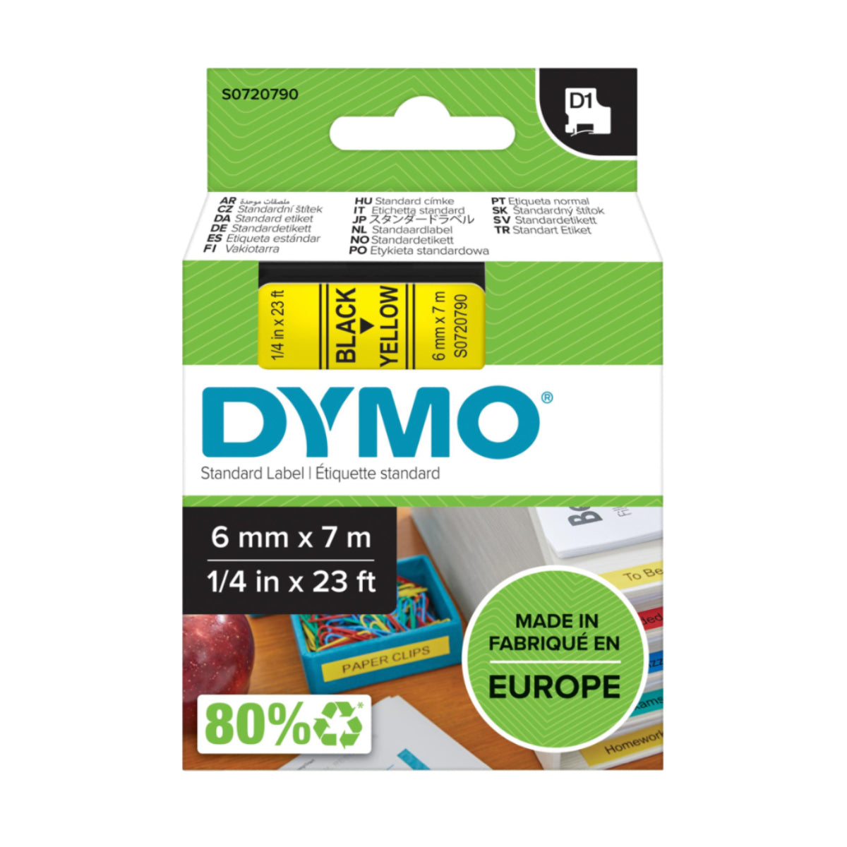 Dymo D1 Label Cassette, 6 mm x 7 m, Black on Yellow - 43618