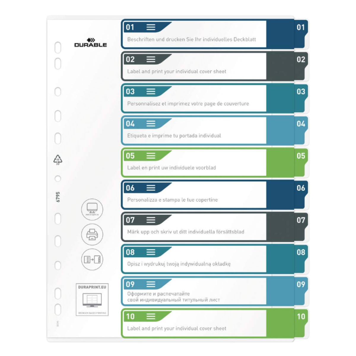 Durable Divider Colored A4+, made of PP, printable, 10 Tabs