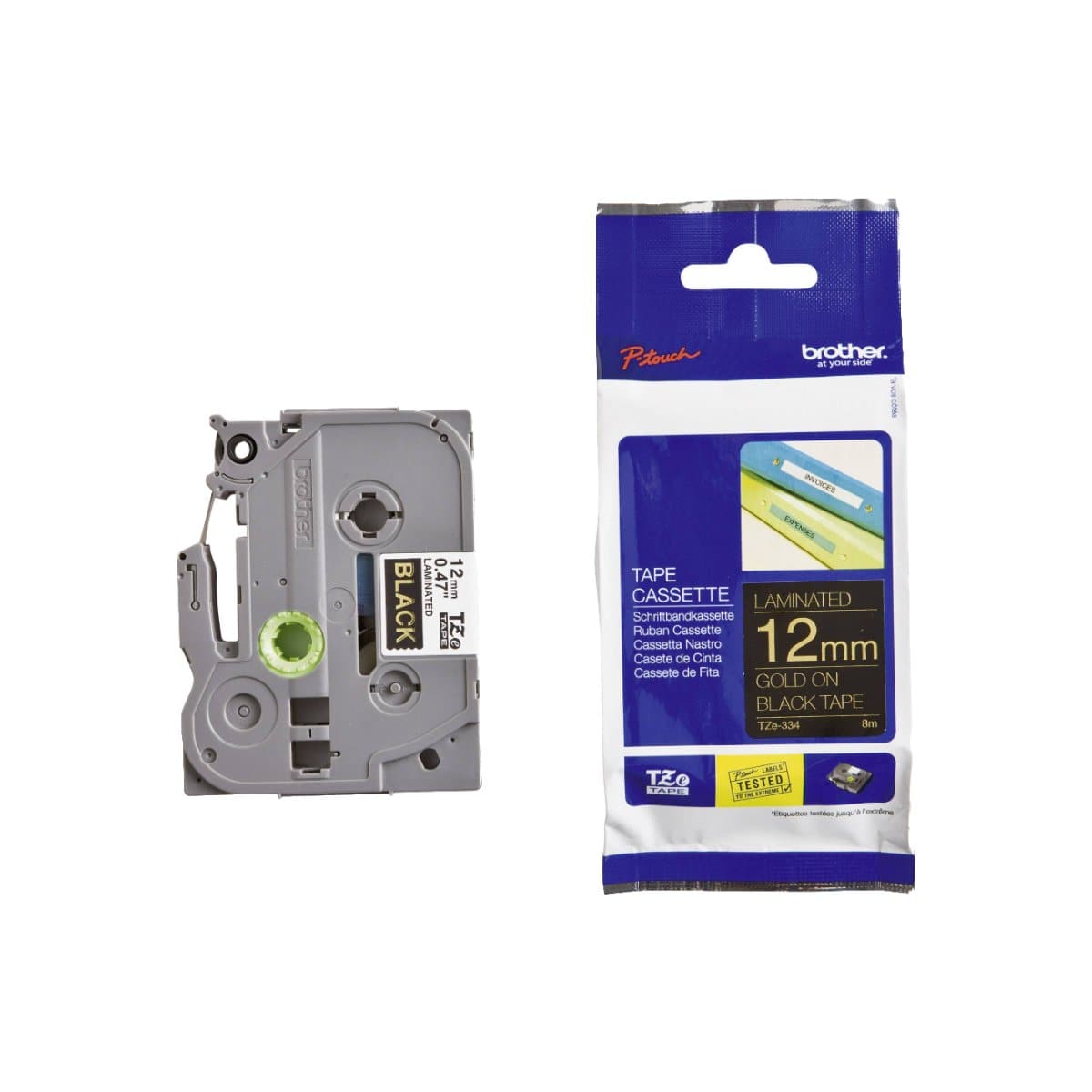 Brother P-touch 12mm TZ-334 Laminated Tape, 8 m, Gold on Black