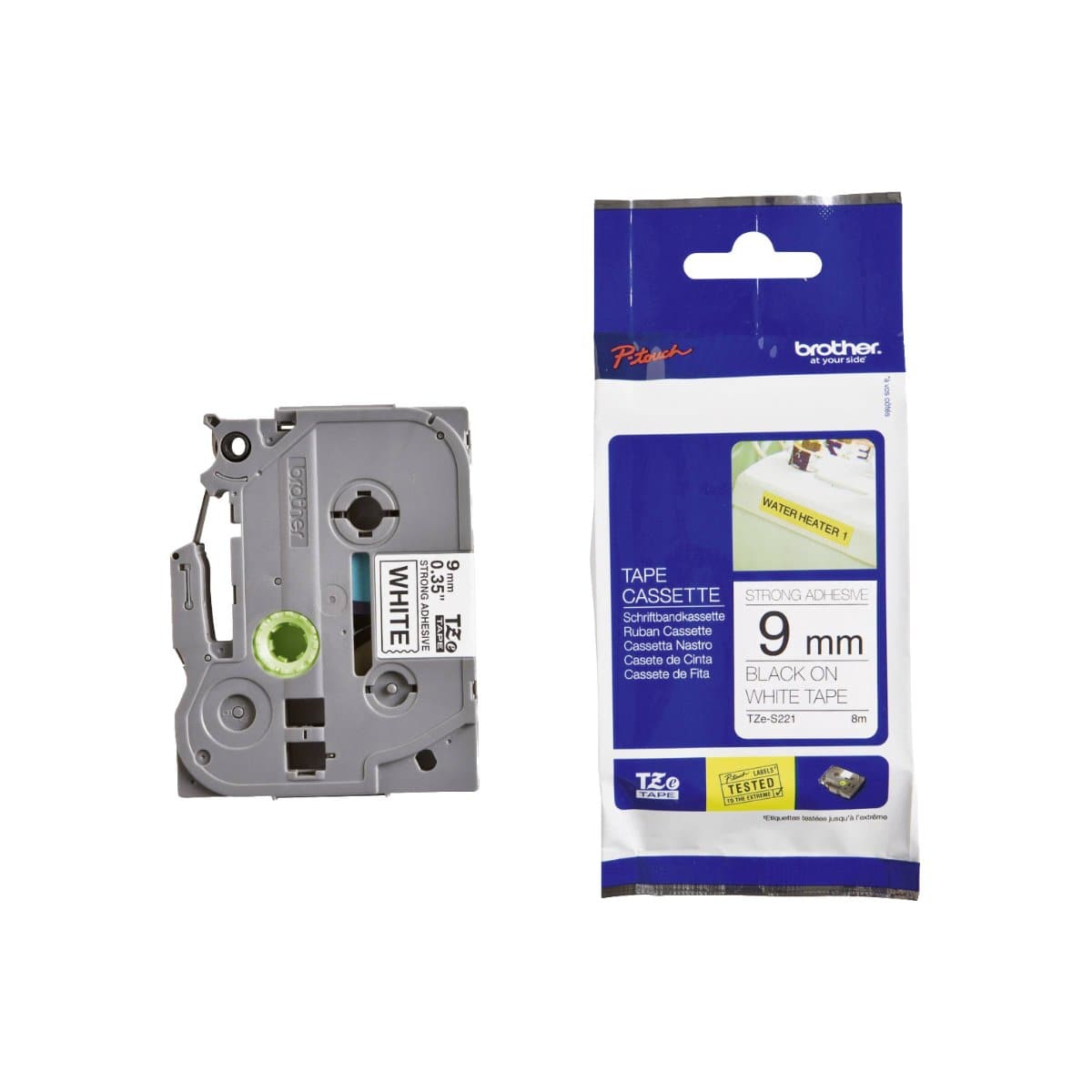 Brother P-touch 9mm TZ-S221 Strong Adhesive Tape, Black on White