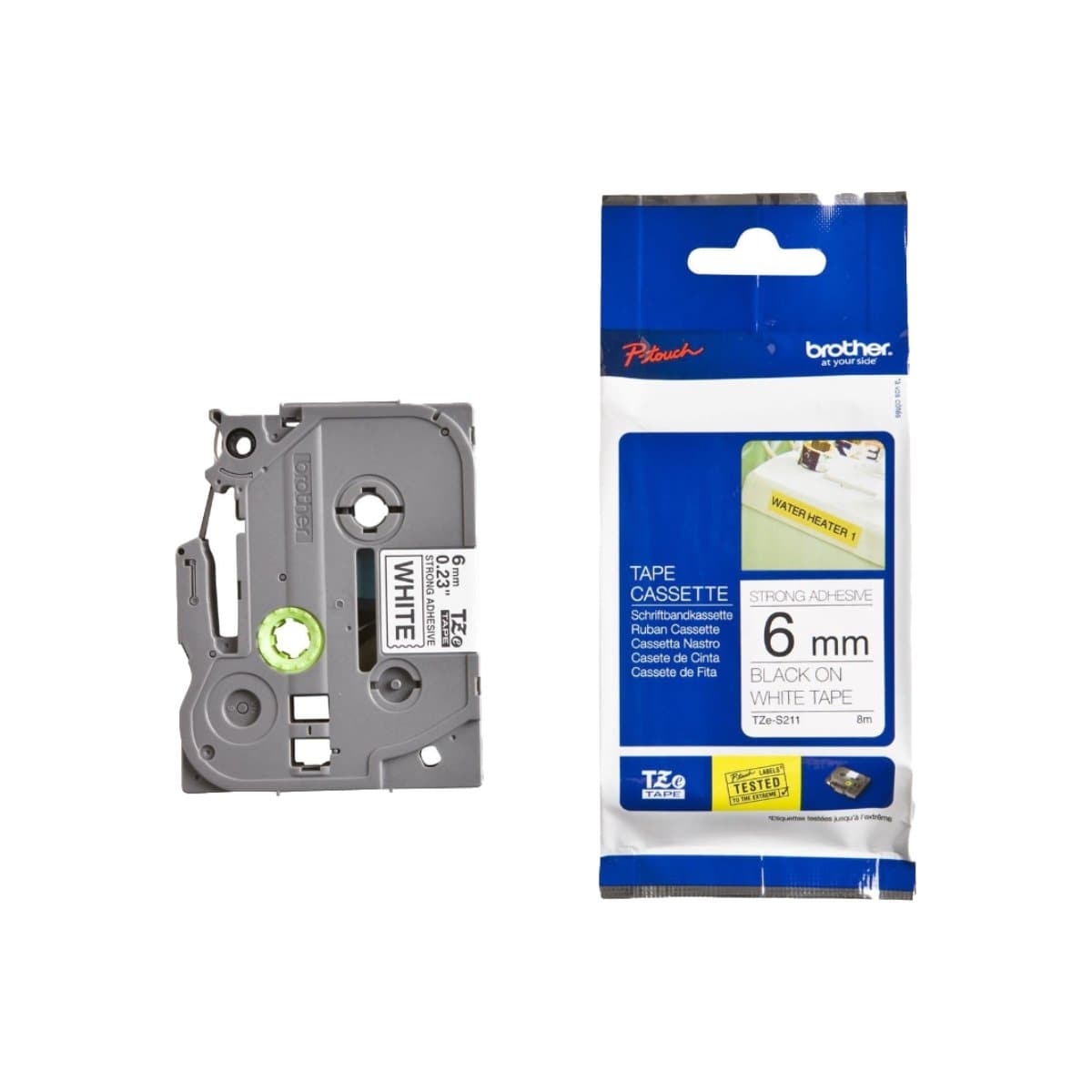 Brother P-touch 6mm TZ-S211 Strong Adhedive Tape, Black on White