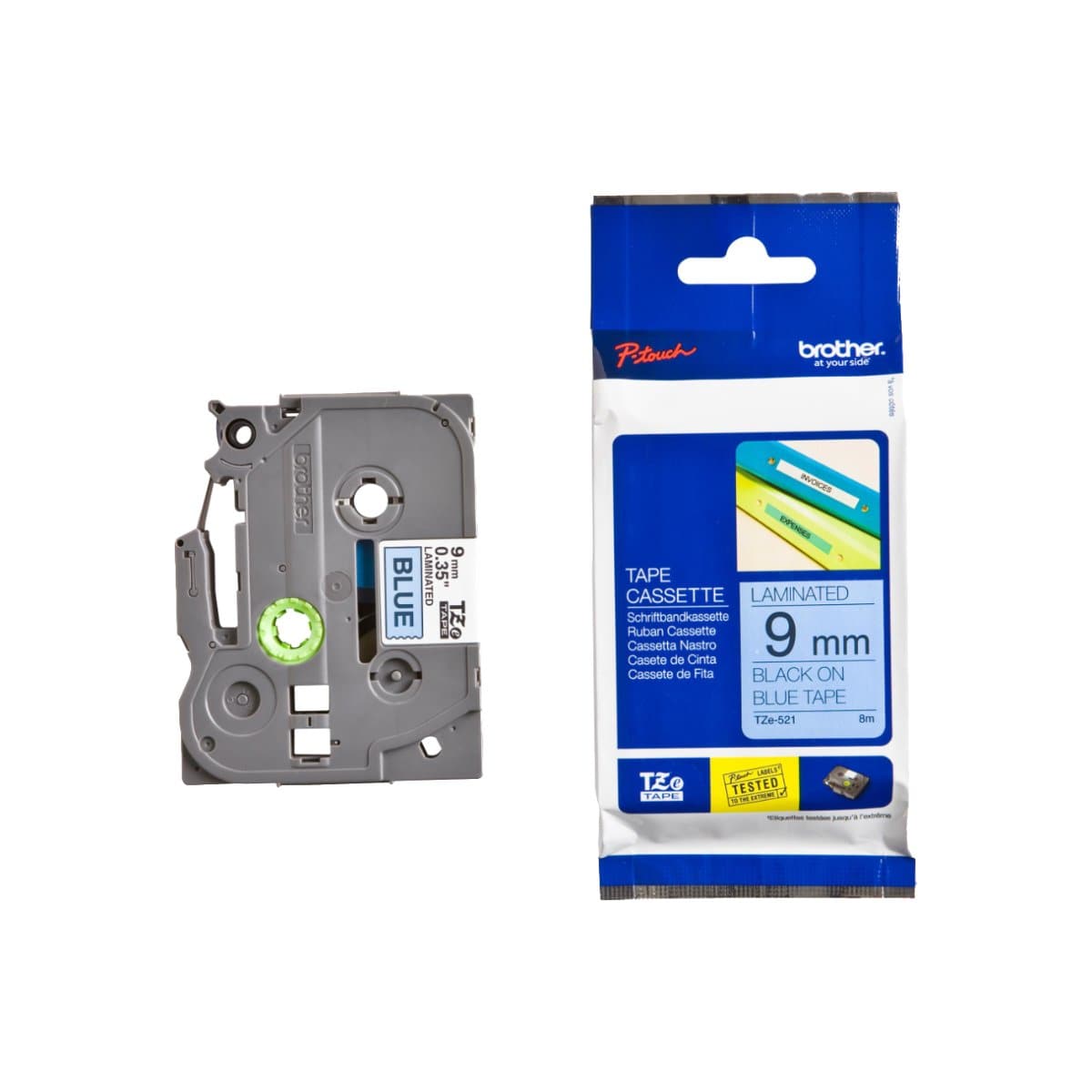 Brother P-touch 9mm TZ-521 Laminated Tape, 8 m, Black on Blue