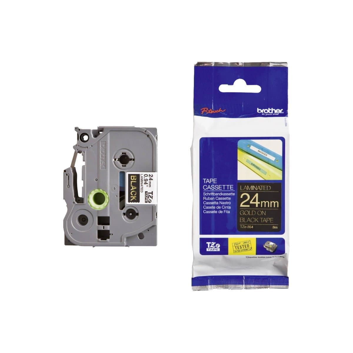 Brother P-touch 24mm TZ-354 Laminated Tape, 8 m, Gold on Black