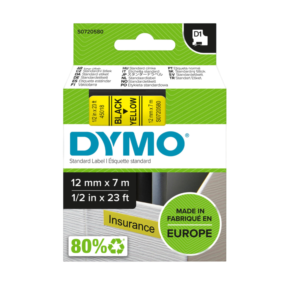 Dymo D1 Label Cassette 12 mm x 7 m, Black on Yellow - 45018