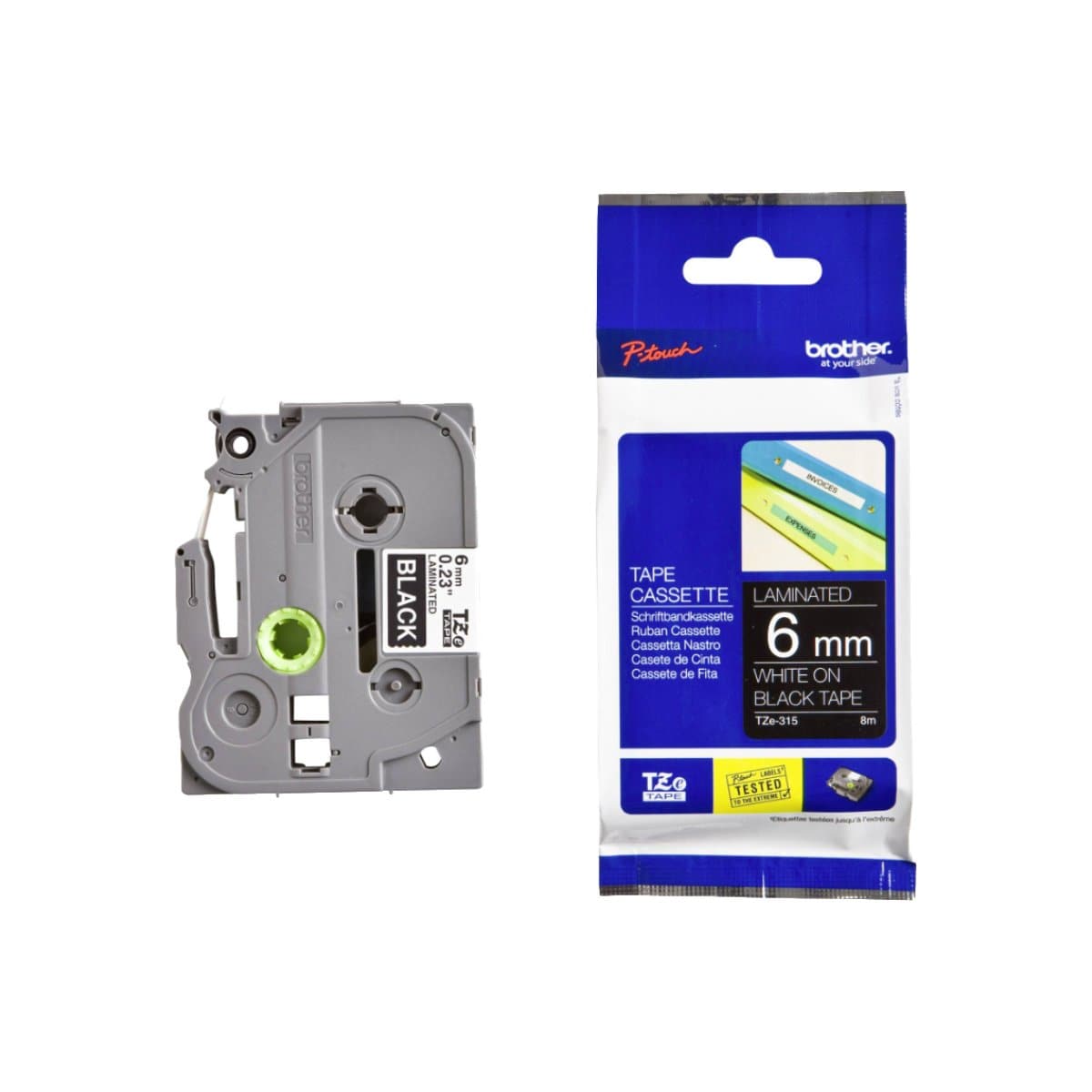 Brother P-touch 6mm TZ-315 Laminated Tape, 8 m, White on Black