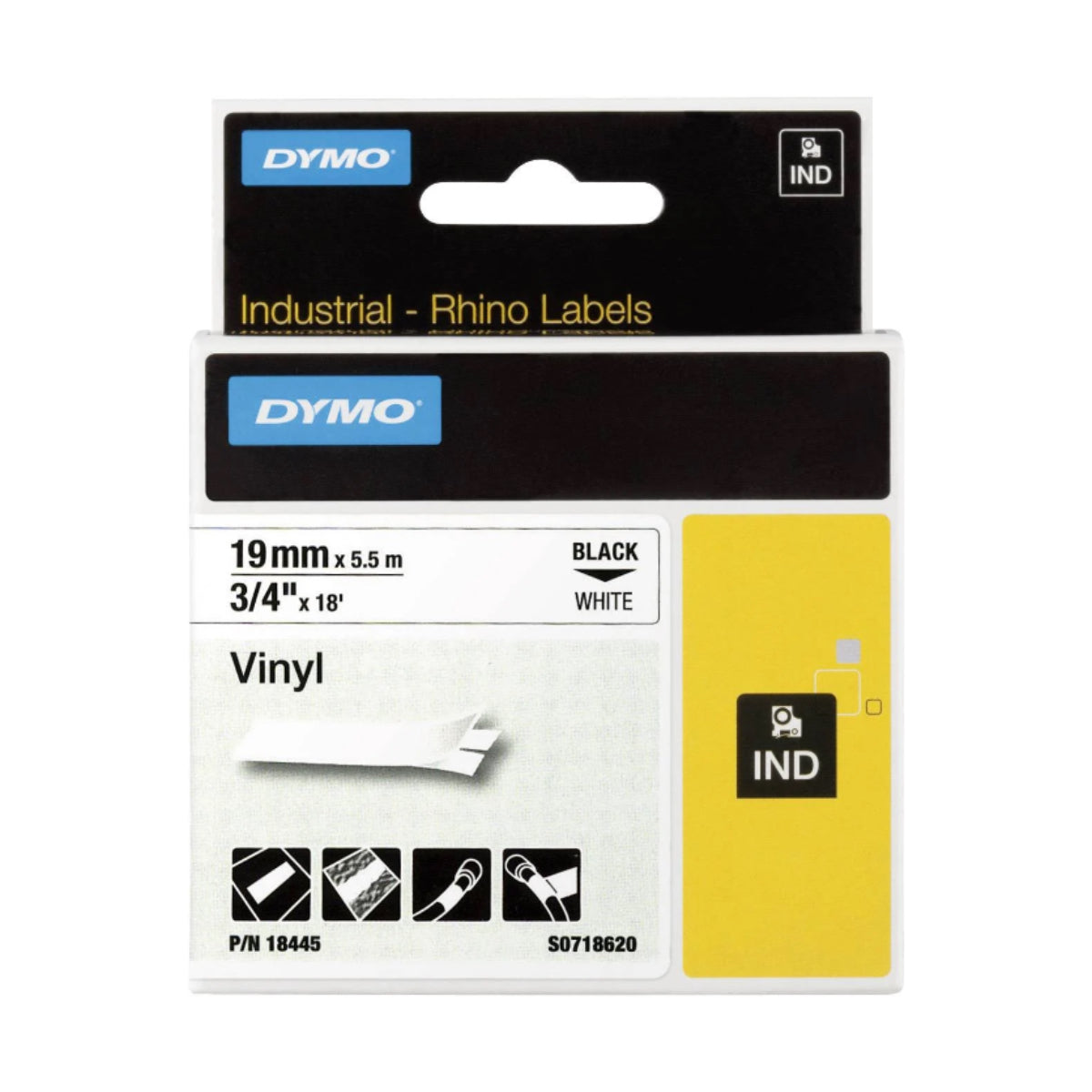 Dymo IND Rhino Labels, Vinyl 19 mm x 5.5 m, Black on White - 18445