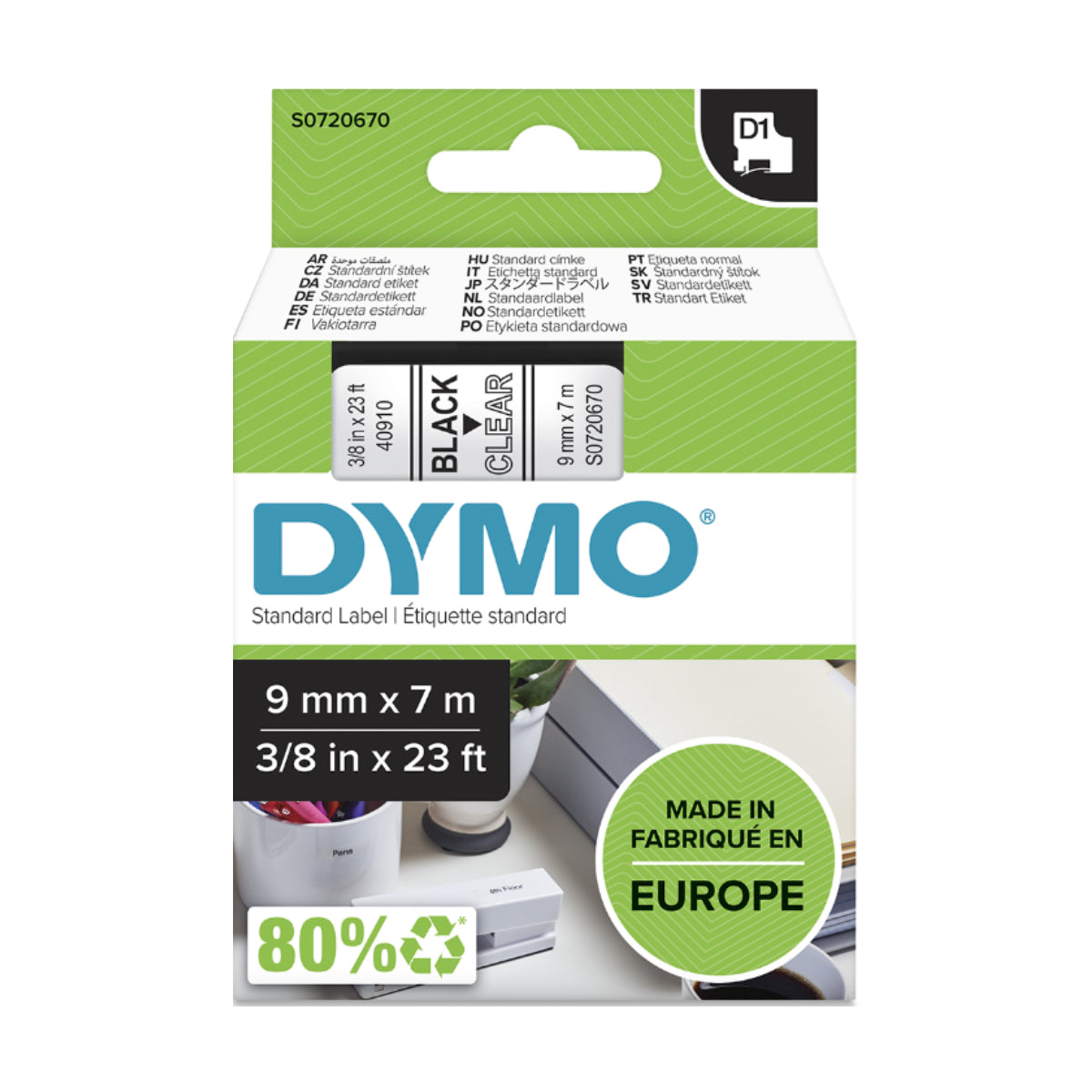 Dymo D1 Label Cassette, 9 mm x 7 m, Black on Clear - 40910