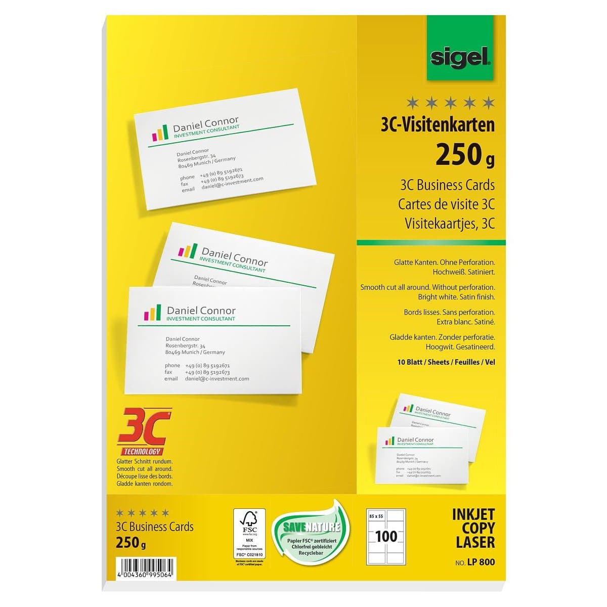 Sigel Business Cards for Ink/Laser/Copy, 3C, 85x55 mm, 250gsm, 100/pack, White