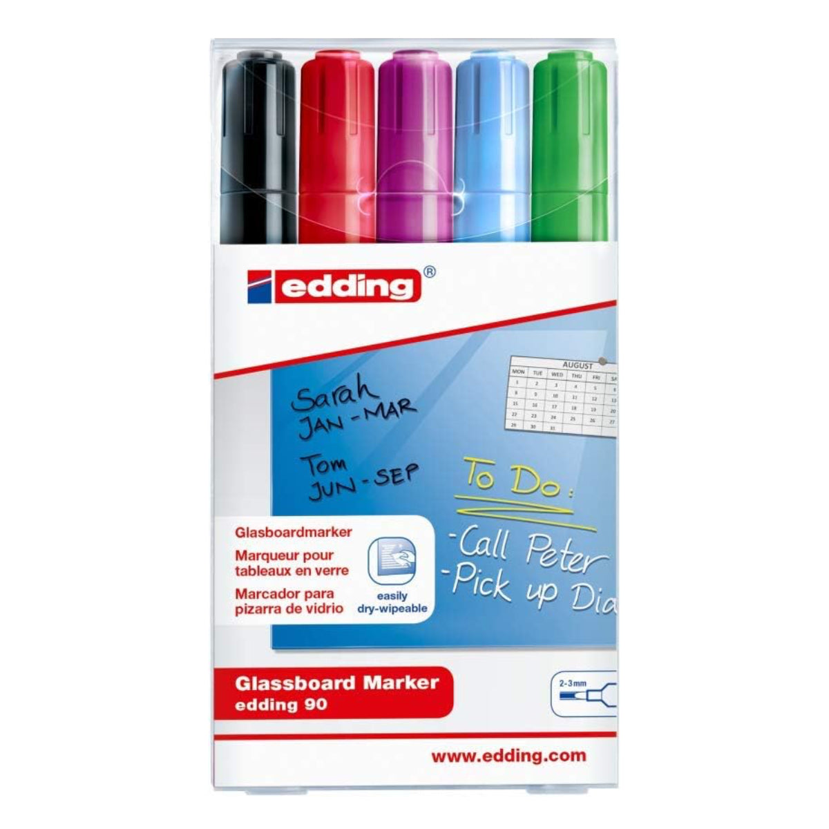 edding 90 Glassboard Marker Set, 2-3mm, Bullet Tip, 5/set, Black/Colors