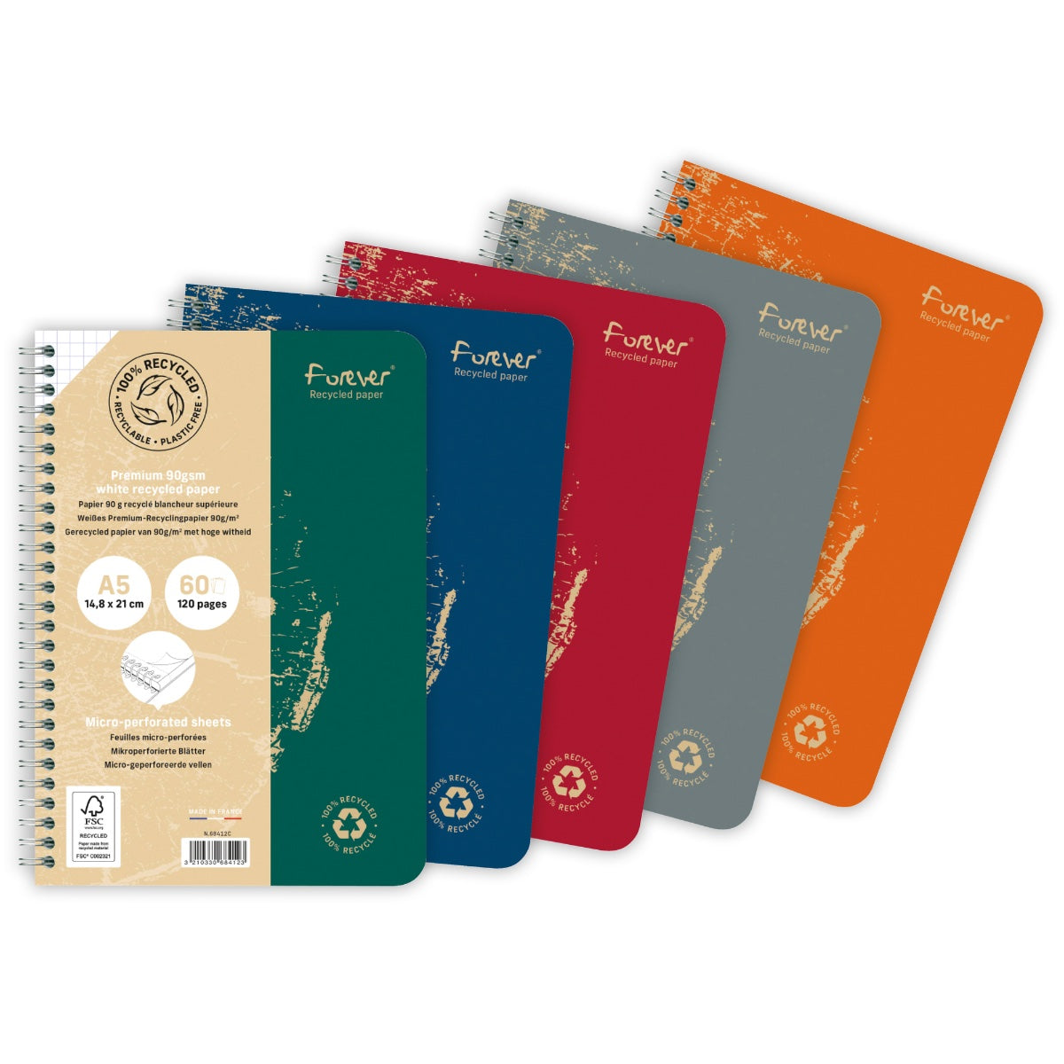 Clairefontaine Forever Premium 100% Recycled Spiral Notebook A5, Graph-Ruled, 90gsm, 120/pages, Assorted Colors
