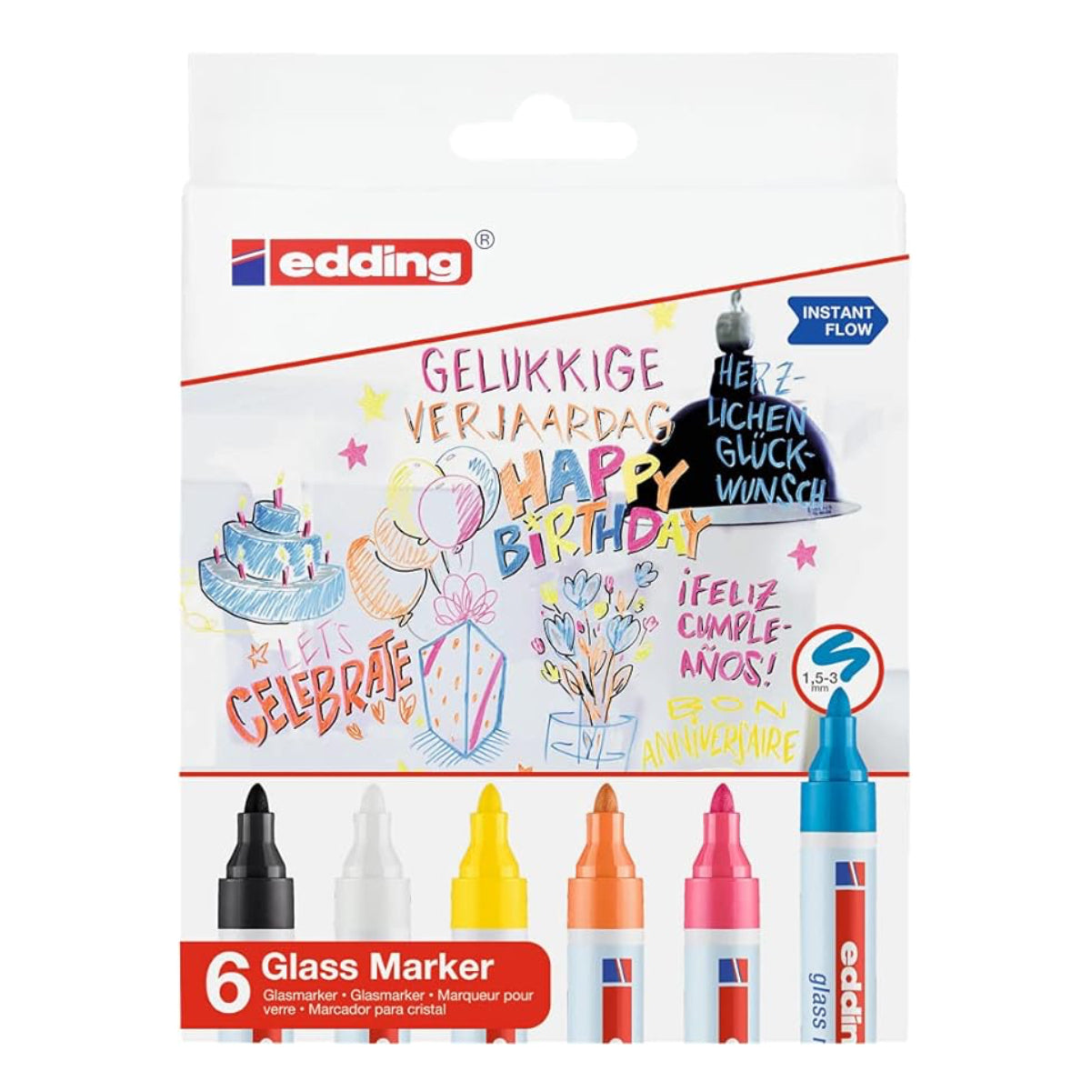 edding 95 Glassboard Marker Set, 2-3mm, Bullet Tip, 6/set, Black/Colors