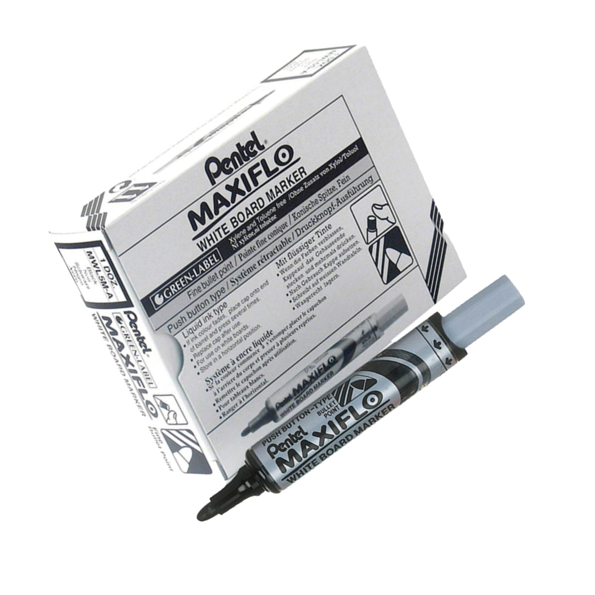 Pentel Maxiflo White Board Marker, Bullet Point 2.5mm, 12/box, Black