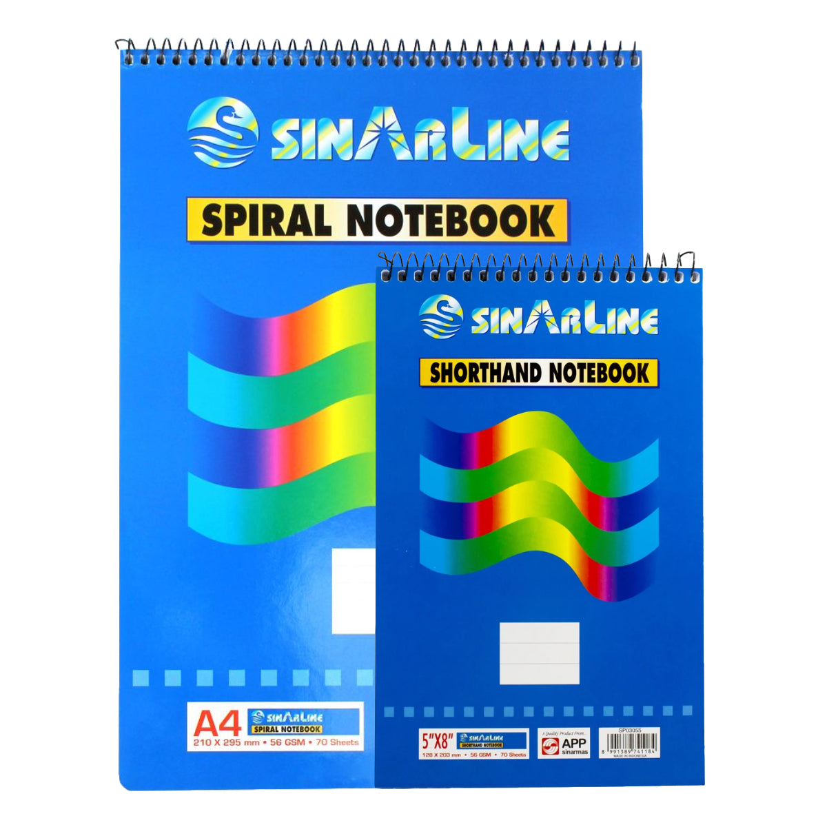Sinarline Spiral Pad, top spiral, line ruled, 56gsm, 70sheets/pad, Assorted Sizes
