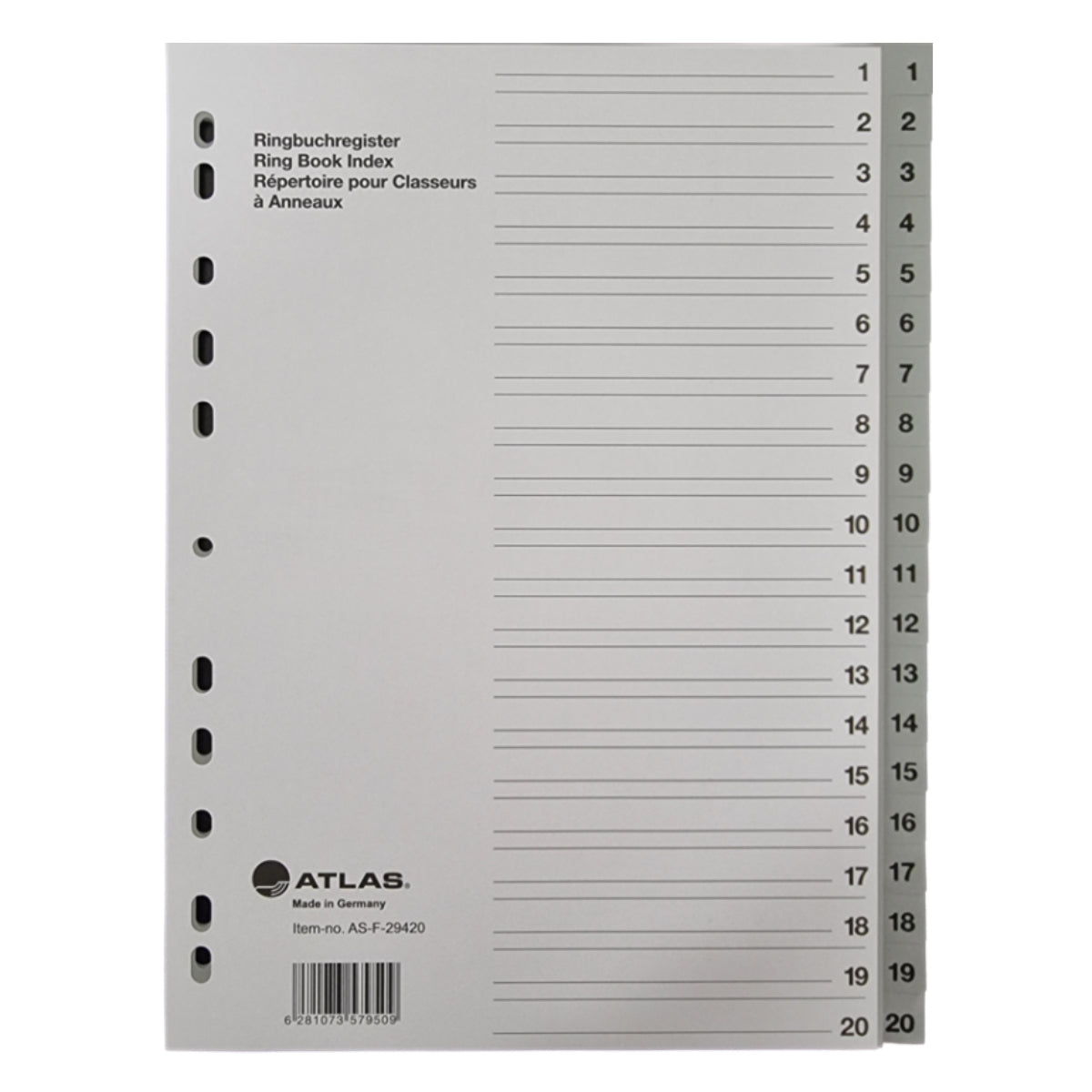Atlas Divider Plastic PVC Grey A4, with numbers 1-20