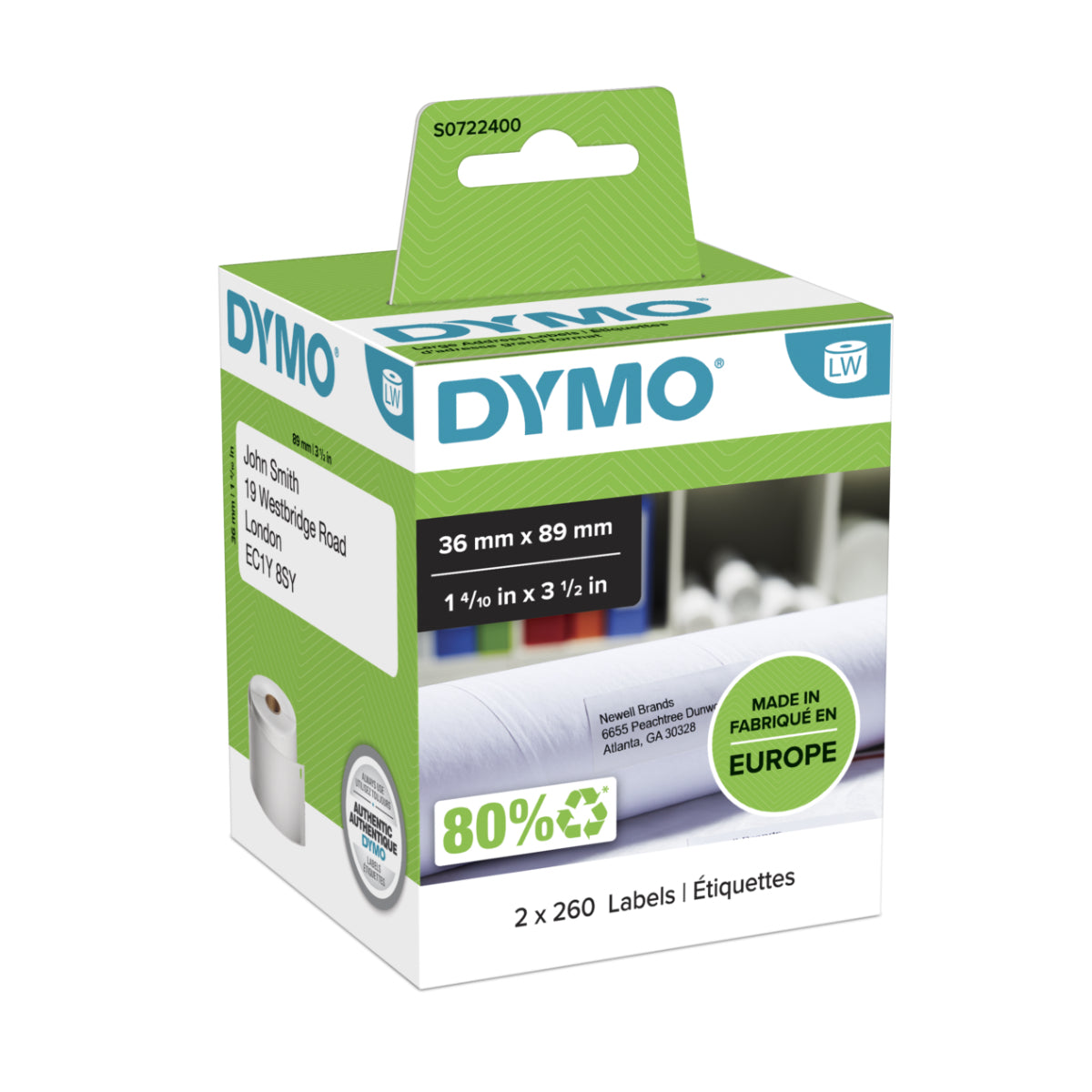 Dymo LW Large Address Labels, 36 x 89 mm, 2 rolls, 260/roll, White - 99012