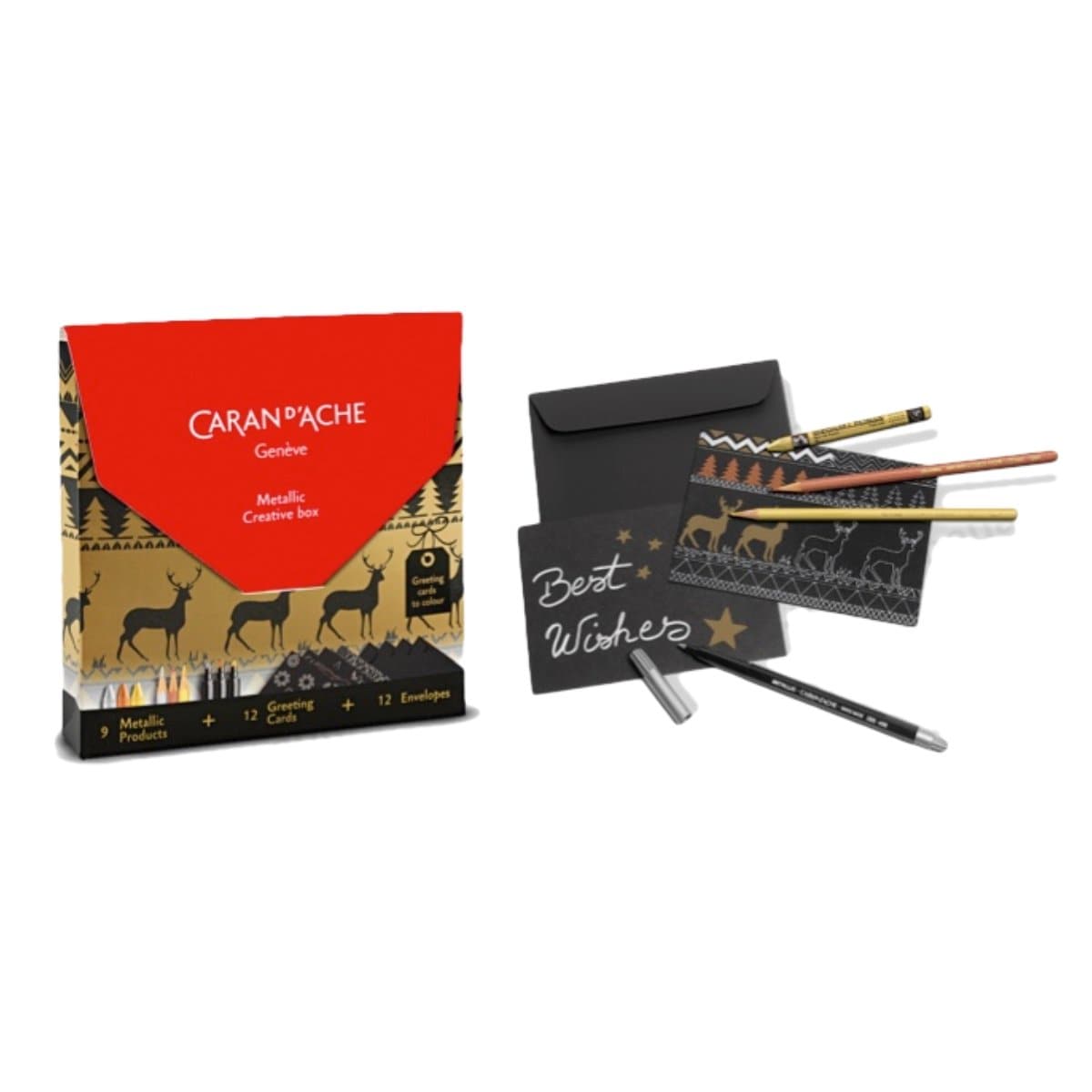 CARAN D'ACHE Metallic Creative Box, 9 metallic products and 12 Cards with envelopes