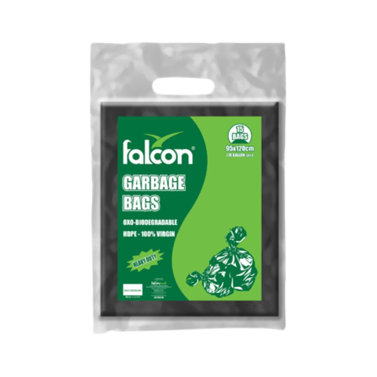 Falconpack Biodegradable Garbage Bags, 95x120 cm, 78 Gallons, 15bags/pack, 10pack/box, Black