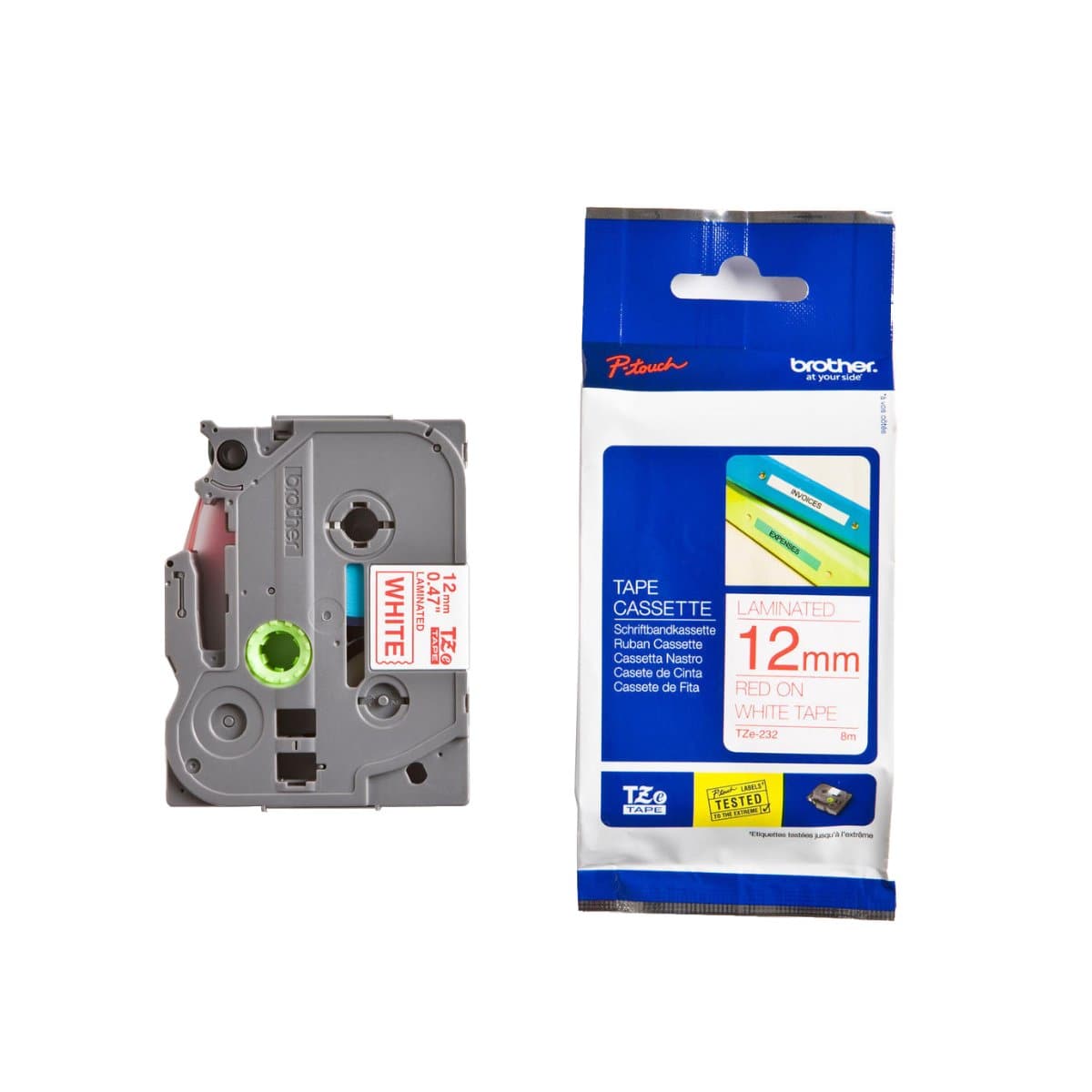 Brother P-touch 12mm TZ-232 Laminated Tape, 8 m, Red on White