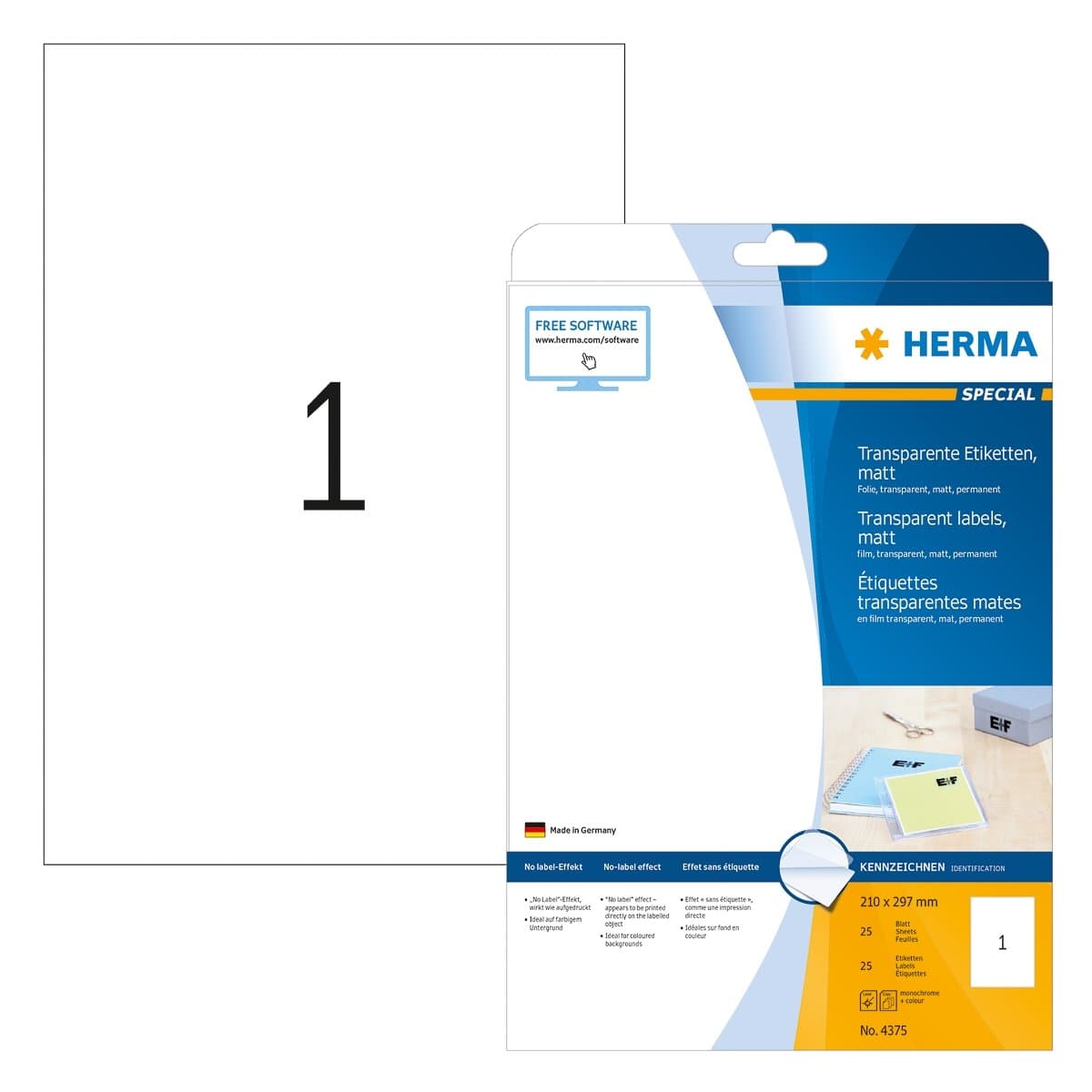 Herma Transparent Label, no-label-effect, A4 210 x 297 mm, 25/pack, Transparent matt