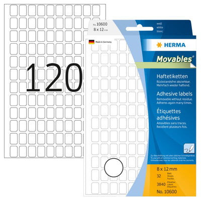 Herma Office Pack Movable Labels, 8 x 12 mm, 3840/pack, White