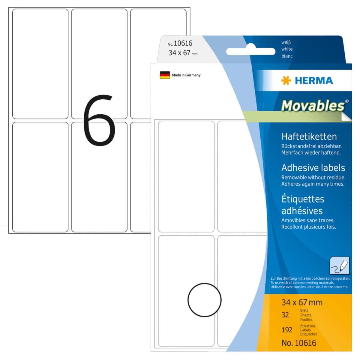 Herma Office Pack Movable Labels, 34 x 67 mm, 192/pack, White