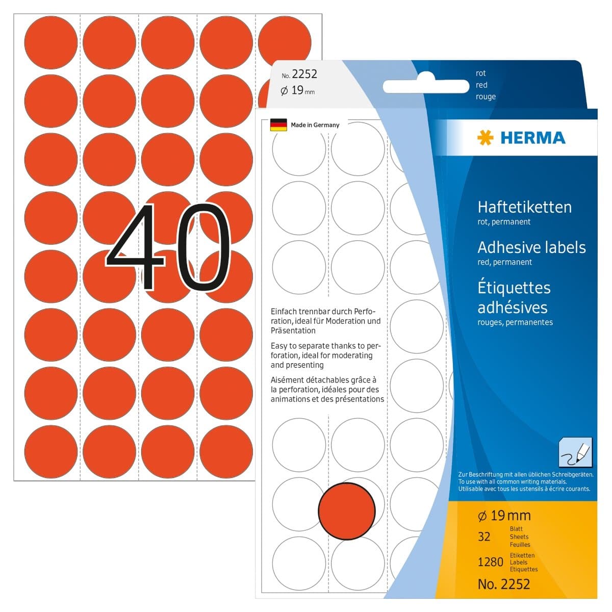 Herma Office Pack Color Dots, perforated sheets, 19 mm, 1280/pack, Red