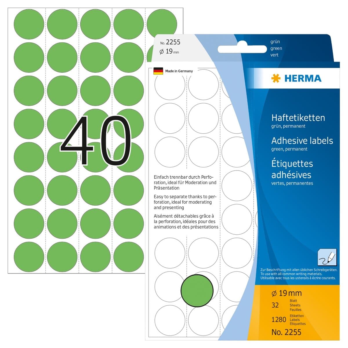Herma Office Pack Color Dots, perforated sheets, 19 mm, 1280/pack, Green