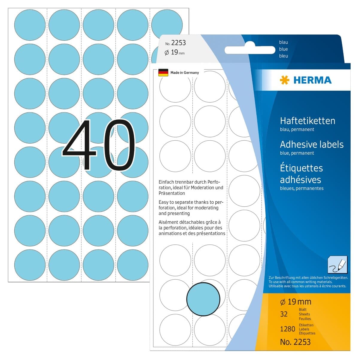 Herma Office Pack Color Dots, perforated sheets, 19 mm, 1280/pack, Blue