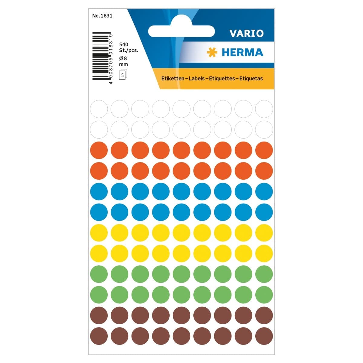 Herma Vario Sticker Color Dots, 8 mm, 540/pack, Assorted Colors