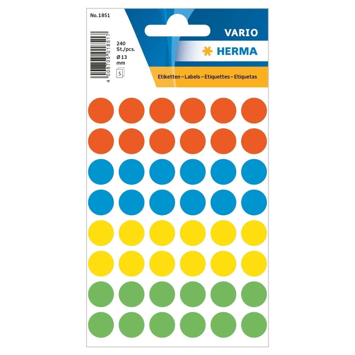 Herma Vario Sticker Color Dots, 13 mm, 240/pack, Assorted Colors