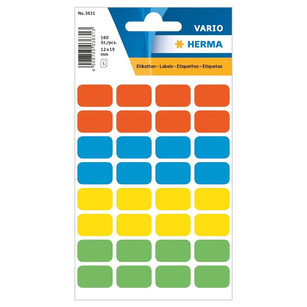 Herma Vario Sticker Labels, 12 x 19 mm, 160/pack, Assorted Colors