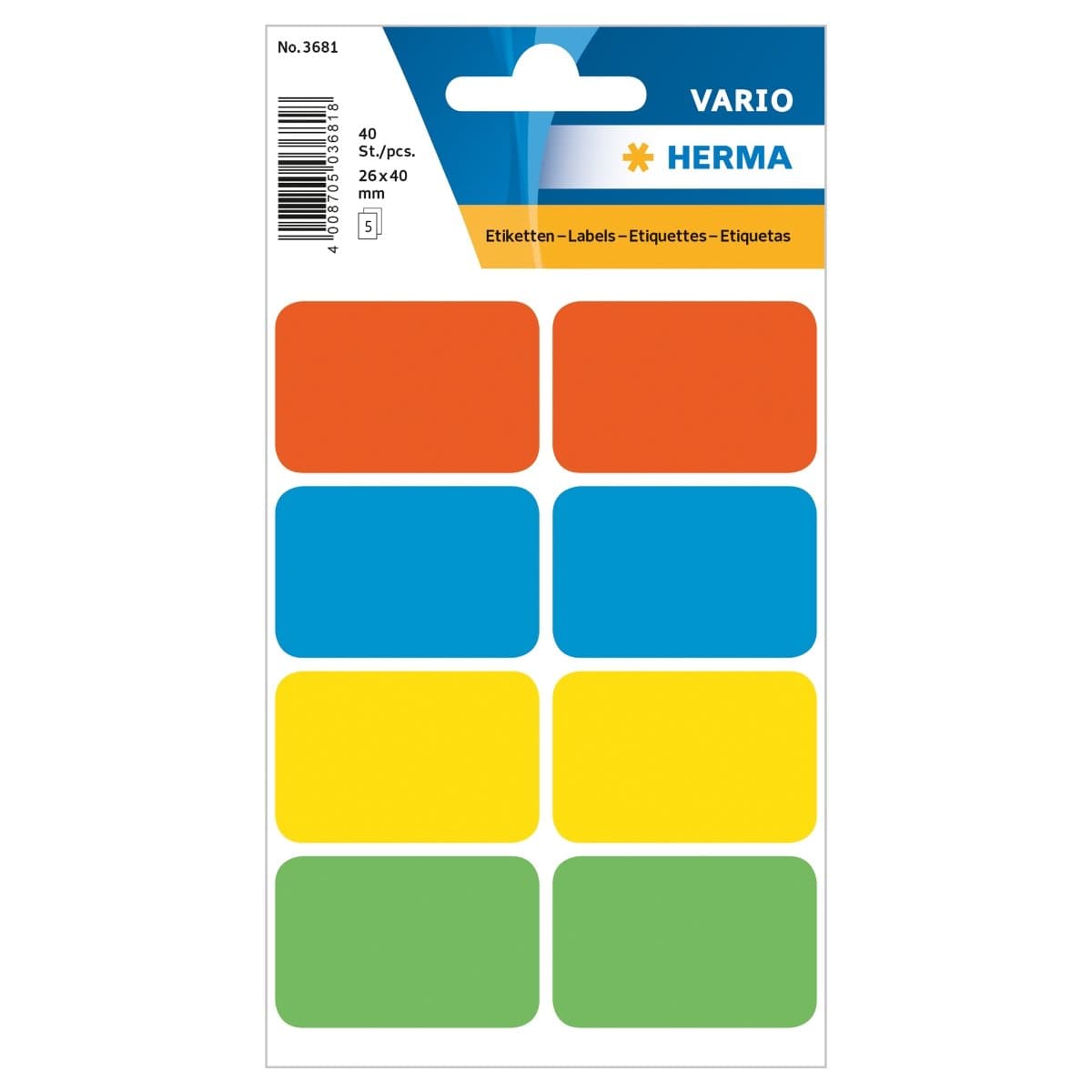 Herma Vario Sticker Labels, 26 x 40 mm, 40/pack, Assorted Colors