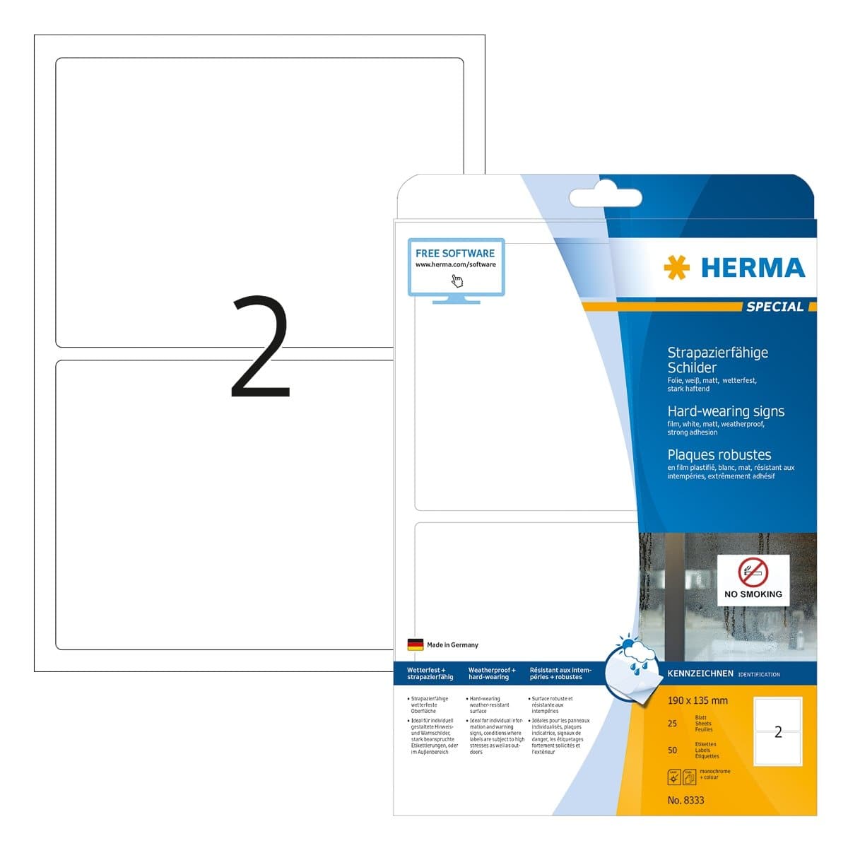 Herma Weatherproof Polyester Film, Hard-wearing Label, 190 x 135 mm, 50/pack, White