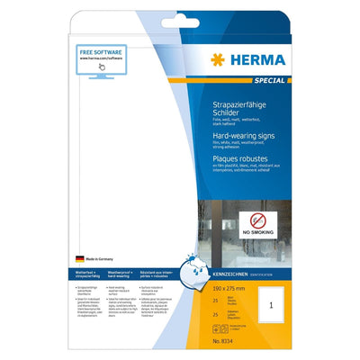 Herma Weatherproof Polyester Film, Hard-wearing Label, 190 x 275 mm, 25/pack, White