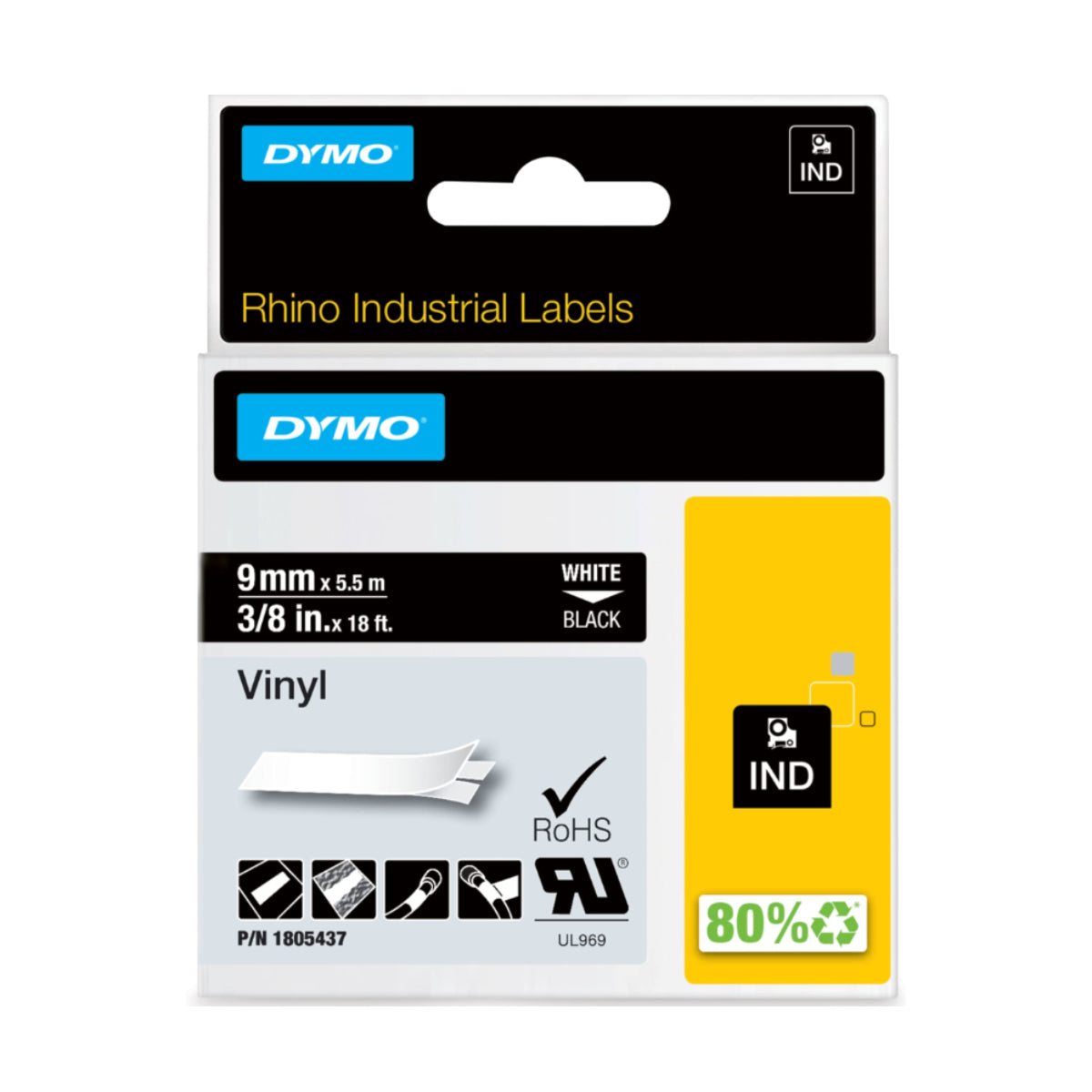 Dymo IND Rhino Labels, Vinyl 9 mm x 5.5 m, White on Black - 1805437
